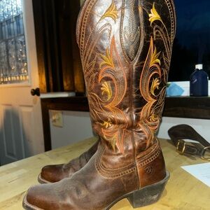 Ariat Brown Heeled Boots with Orange and Yellow Embroidery